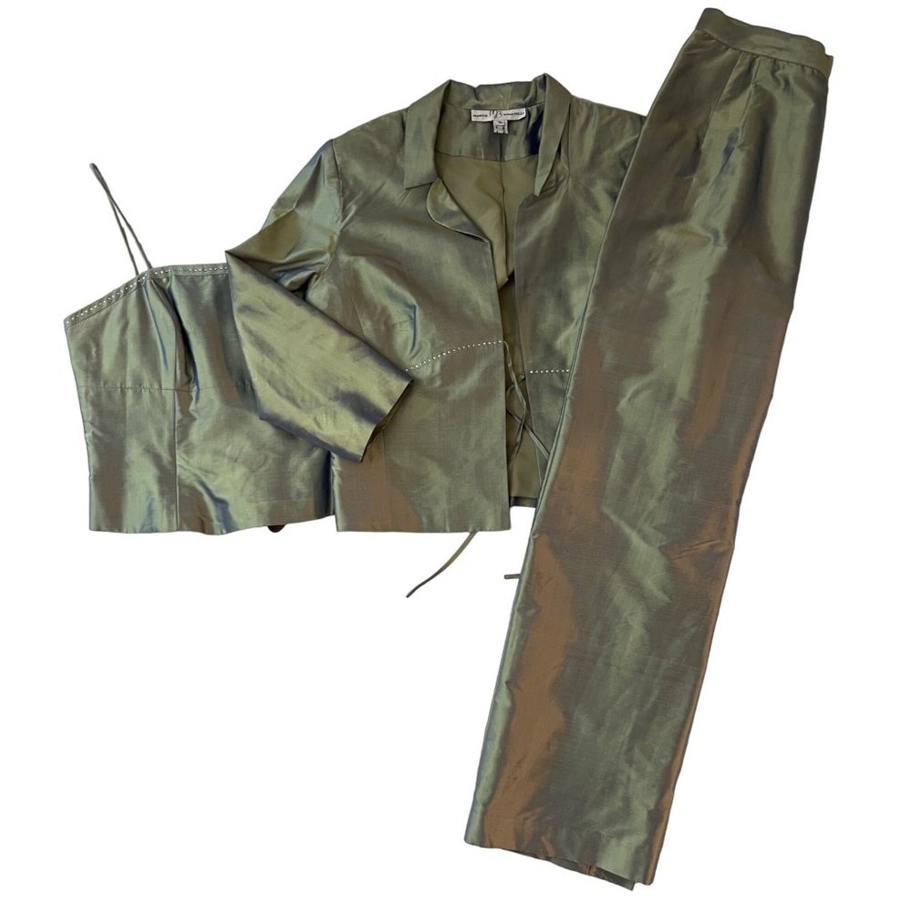 $1400 Marisa Baratelli 8 10 Sage Green 3pc Dress Bustier Skirt Jacket Thai Silk